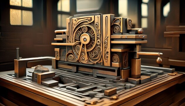 letterpress chase lockup showing a traditional printmaking layout within an industrial metal jig