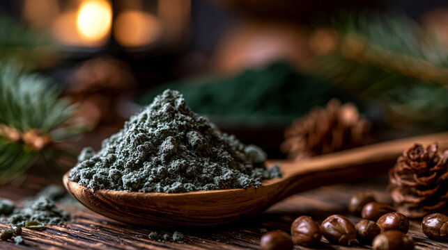 Healthy green superfood spirulina powder in a wooden spoon with pine elements