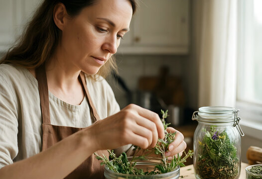 Woman in an apron preparing fresh herbs for drying and storage in a home kitchen setting, She is carefully stripping leaves from stems, with a glass jar filled with dried herbs visible nearby