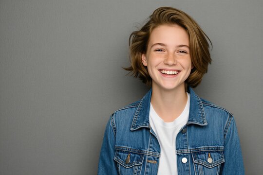 Teenage girl with freckles smiles broadly. She wears denim jacket over white shirt. Studio portrait on gray background. Youthful, happy, casual look.
