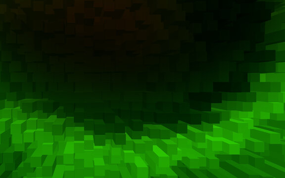 Abstract background featuring a dark center fading into vibrant green digital pixelated textures and light effects