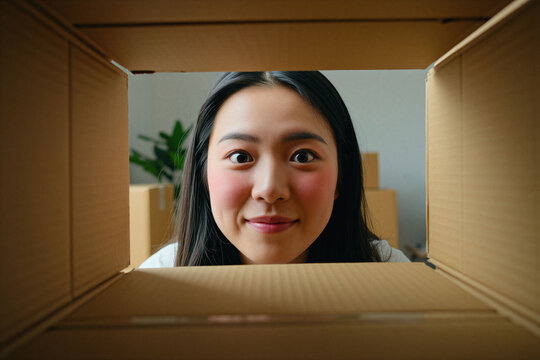 Young Asian woman looks inside cardboard box in empty apartment room. Female person holds open delivery parcel container moving house unpacking goods. Person checks items inside package with happy