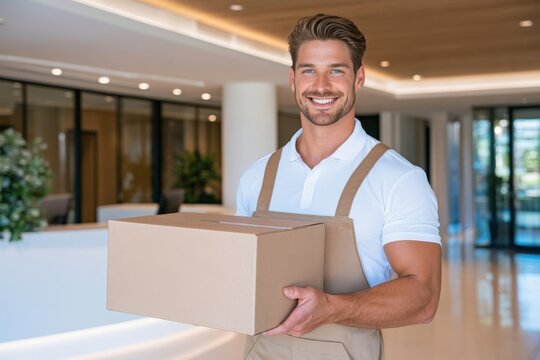 Courier delivering parcel in modern office lobby