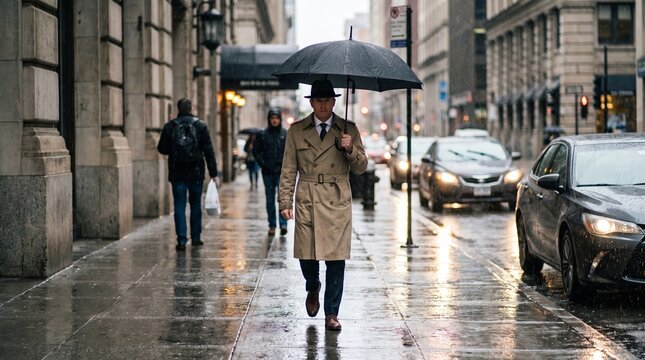 Businessman walking city street rain umbrella wet pavement urban photography