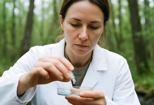Female scientist in a white lab coat collecting water samples from a forest environment for ecological research