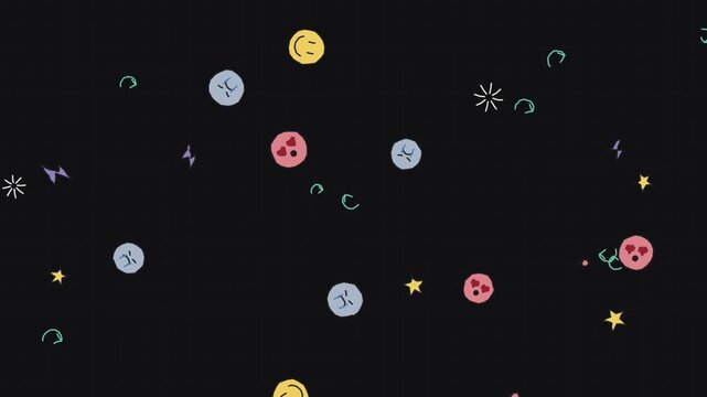 Abstract emoji background video showing emotions and relationships with moving smileys and diverse expressions creating engaging visual narrative for viewers.