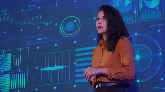 Business professionals presenting a digital analytics dashboard during a corporate meeting, discussing market trends, business performance, data visualization, strategic planning and technology.