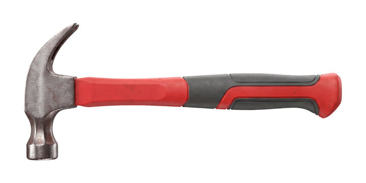 Metal claw hammer with red handle isolated on a white and transparent background. Carpenter tool.