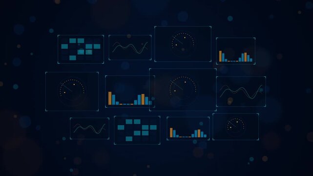 Digital dashboards display dynamic data visualizations, showing charts and graphs with glowing effects on dark background, perfect for business analytics and technology concepts.