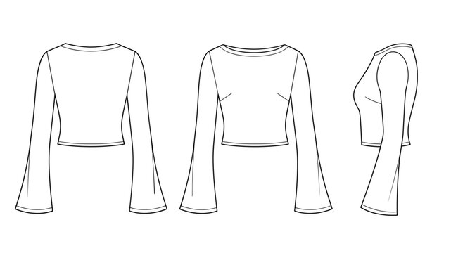 Bell sleeve crop top technical illustration (front / back / side view) CAD fashion flat sketch