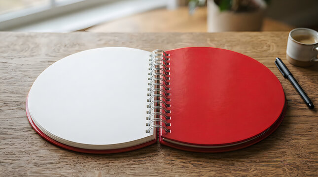 Open red notebook with blank pages on a wooden office desk illustration