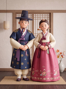 한국의 전통의상 한복을 입고 미소를 지으며 맞이하는 부부 3D 캐릭터
