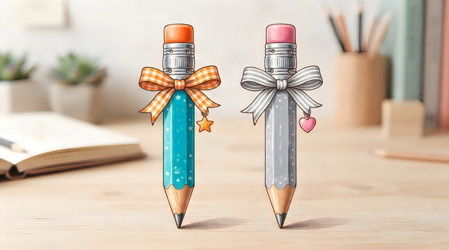 Two cute pencils decorated with ribbons on a desk illustration