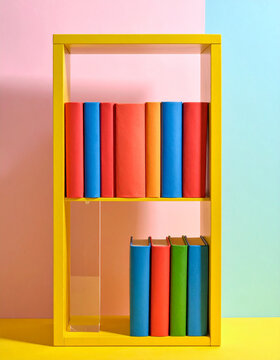 Color-coordinated books in bright primary shades stand neatly on a neon yellow bookshelf with clear acrylic bookends.
