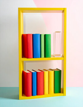 Color-coordinated books in bright primary shades stand neatly on a neon yellow bookshelf with clear acrylic bookends.