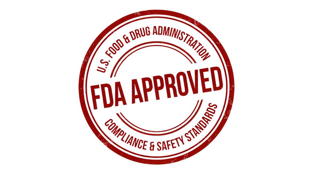 Red fda approved rubber stamp seal design with a circular frame isolated on a plain transparent background for labels isolated on transparent background