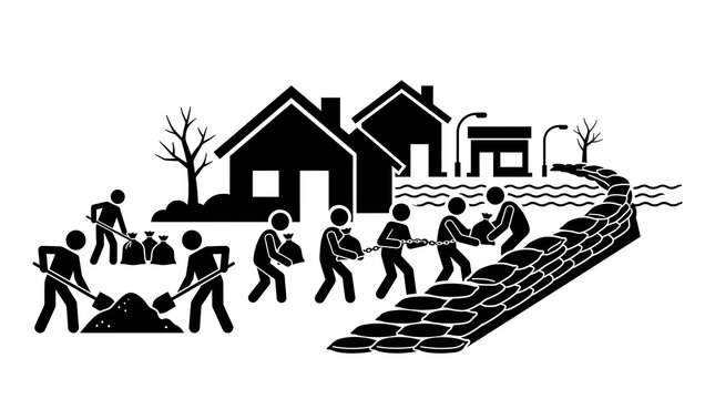 Community Flood Defense Vector Illustration