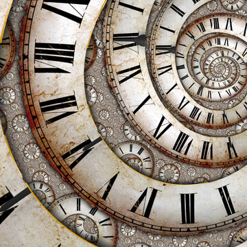 Surreal Infinite Spiral of Vintage Clock Faces Creating a Timeless Abstract Pattern