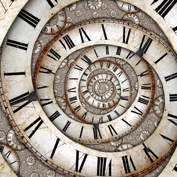 Surreal Infinite Spiral of Vintage Clock Faces Creating a Timeless Abstract Pattern