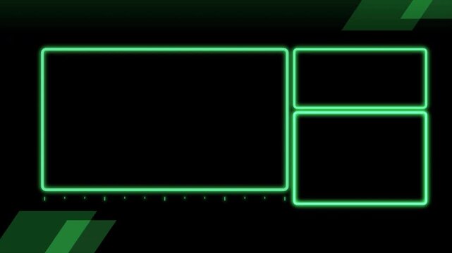 End Screen Green Neon Overlay Three Zone Webcam Frame Twitch Gaming Transparent Background Alpha Seamless Loop