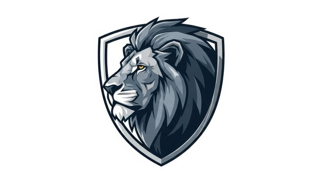 Majestic lion head mascot logo inside a shield emblem, powerful wild animal profile vector illustration isolated on white background