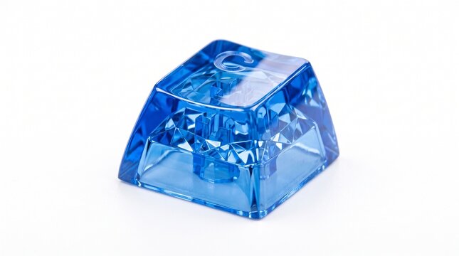 Translucent blue mechanical keyboard keycap with letter g isolated on white background with single blue transparent keycap with perspective, technology