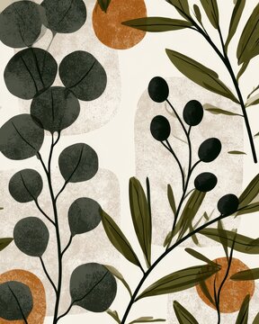 Biophilic nature pattern concept. Abstract botanical pattern with leaves and textured circular shapes