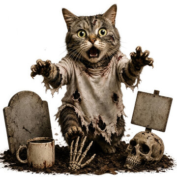 tabby cat dressed as a zombie, reaching toward the viewer in a torn costume, surrounded by tombstones, skull and skeletal hand for Halloween.