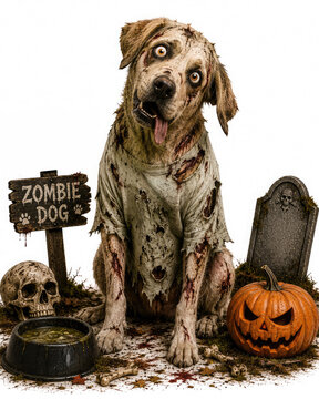 zombie dog in a torn costume, surrounded by a skull, tombstone, jack-o-lantern and creepy props, creating a humorous horror scene for Halloween.