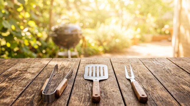 Fathers Day Summer BBQ Grill Tools Animation Background on Rustic Wooden Table with Copy Space, Barbecue Party, Outdoor Cooking, Memorial Day, Fourth of July and Dad Celebration
