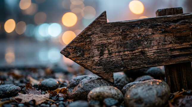 Rustic wooden arrow signpost standing on wet ground after rain with blurred city night lights in the background signpost direction navigation guidance atmosphere