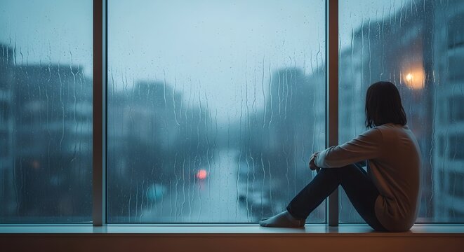 Lonely person sitting by window watching rain on a gloomy day with generated by