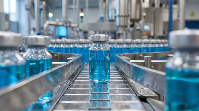 Industrial manufacturing of pharmaceutical medicine vials on automated conveyor belt in sterile laboratory facility with pharmaceutical medicine manufacturing conveyor