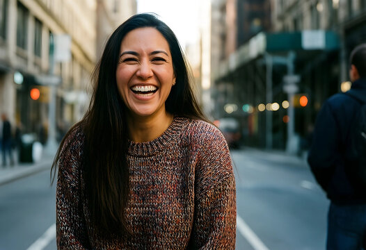 Happy young adult woman with long dark hair laughing joyfully on a city street during the day, Her authentic smile reveals white teeth, positive emotions and a carefree lifestyle