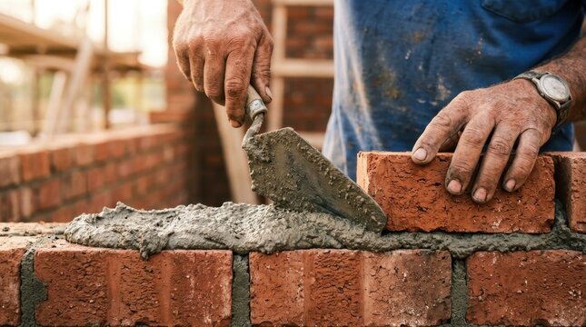Bricklayer building red brick wall with trowel and mortar at construction site