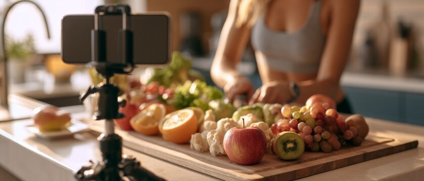 Woman preparing fresh healthy food while recording cooking video with smartphone