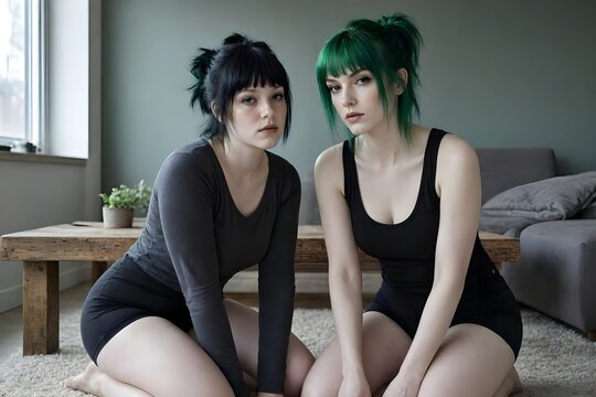 due sorelle amiche a casa con abbigliamento scuro e capelli colorati di verde e nero