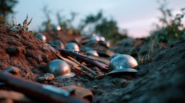 Trenches of Conflict: A stark depiction of a battlefield trench, strewn with discarded helmets and weapons under a fading sky, evoking the grim realities of war and sacrifice.