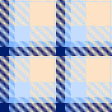 Festive tartan plaid design with a classic woven appearance and bisque and blue tones. The seamless pattern recreates the look of woven fabric and works well as a decorative surface background.