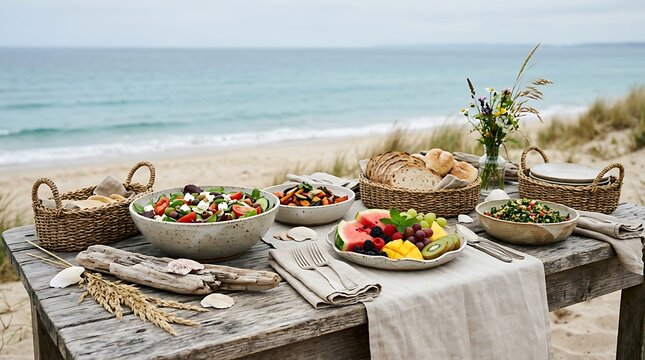 Fresh summer picnic dinner with salad and fruit on a rustic wooden table overlooking the calm blue sea. coastal buffet setup