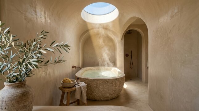 Luxury steaming stone bathtub in minimalist spa interior