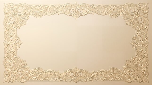 Ornate embossed paper background with copy space on champagne ivory paper featuring a rich rocaille frame with scrolling floral relief for luxurious wedding invitations, certificates and formal statio
