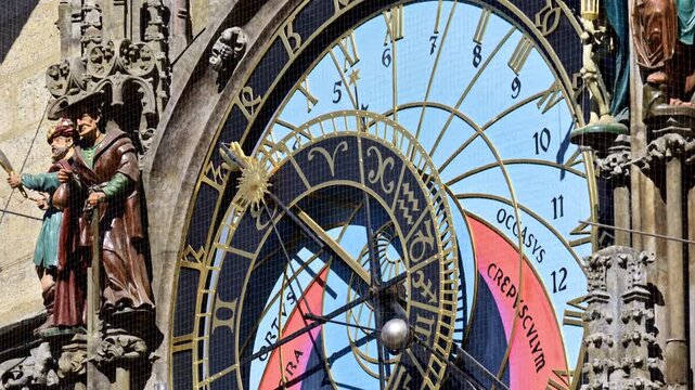 The Prague Astronomical Clock with its zodiac ring and the carved skeleton of Death beside the dial, Prague, Czech Republic