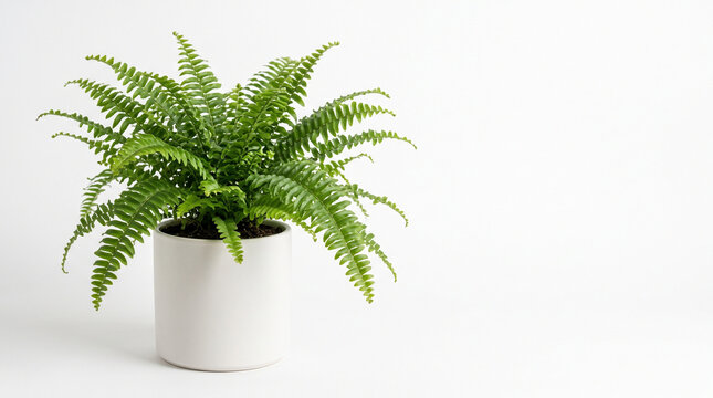 Potted Fern Elegance: A vibrant green fern flourishes in a minimalist white pot, its delicate fronds extending outwards, bringing a touch of natural beauty indoors.