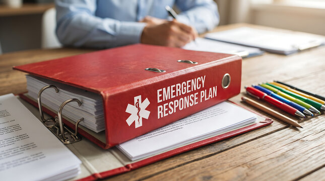 Red binder labeled emergency response plan sitting on wooden desk surface with colored pens scattered beside it during professional office work scene with paperwork backdrop.