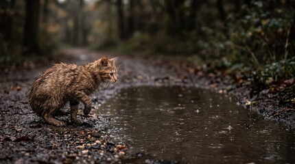 Fototapeta premium Kitten trying to jump over a puddle with muddy paws and shivering body with copy space for resilience themes