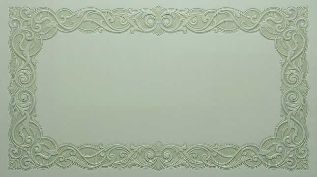 Muted sage green embossed paper background with refined scrollwork frame and generous copy space for elegant invitations, stationery and premium horizontal graphic design