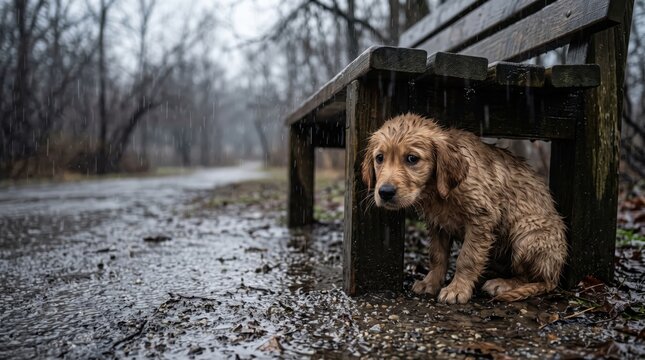 Soaking wet puppy shivering under a wooden bench in heavy rain with copy space for rescue campaigns