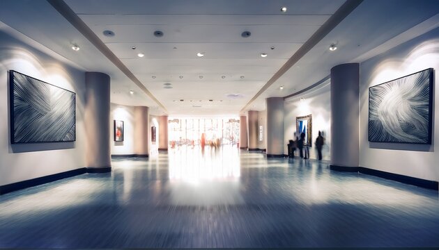 blurred art museum gallery interior exhibition hall abstract background luxury modern culture showcase lighting