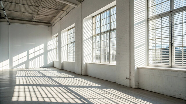 Empty warehouse interior with sunlight shadows